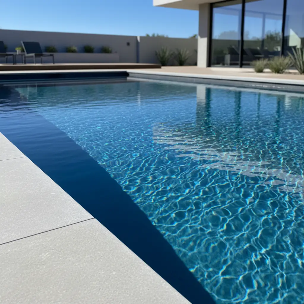 Clean modern ecoFINISH pool surface in deep Midnight Blue with clear sparkling water, showing the durable smooth finish in natural daylight