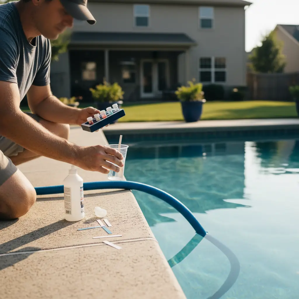Pool owner testing water chemistry beside a residential pool, illustrating the diagnostic process for identifying whether a pool is leaking