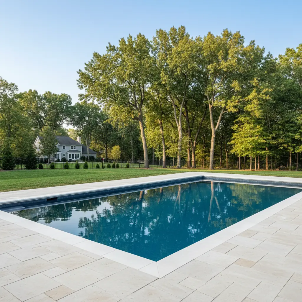 Freshly renovated Kansas City residential pool with clean azure blue water and natural stone patio in warm daylight