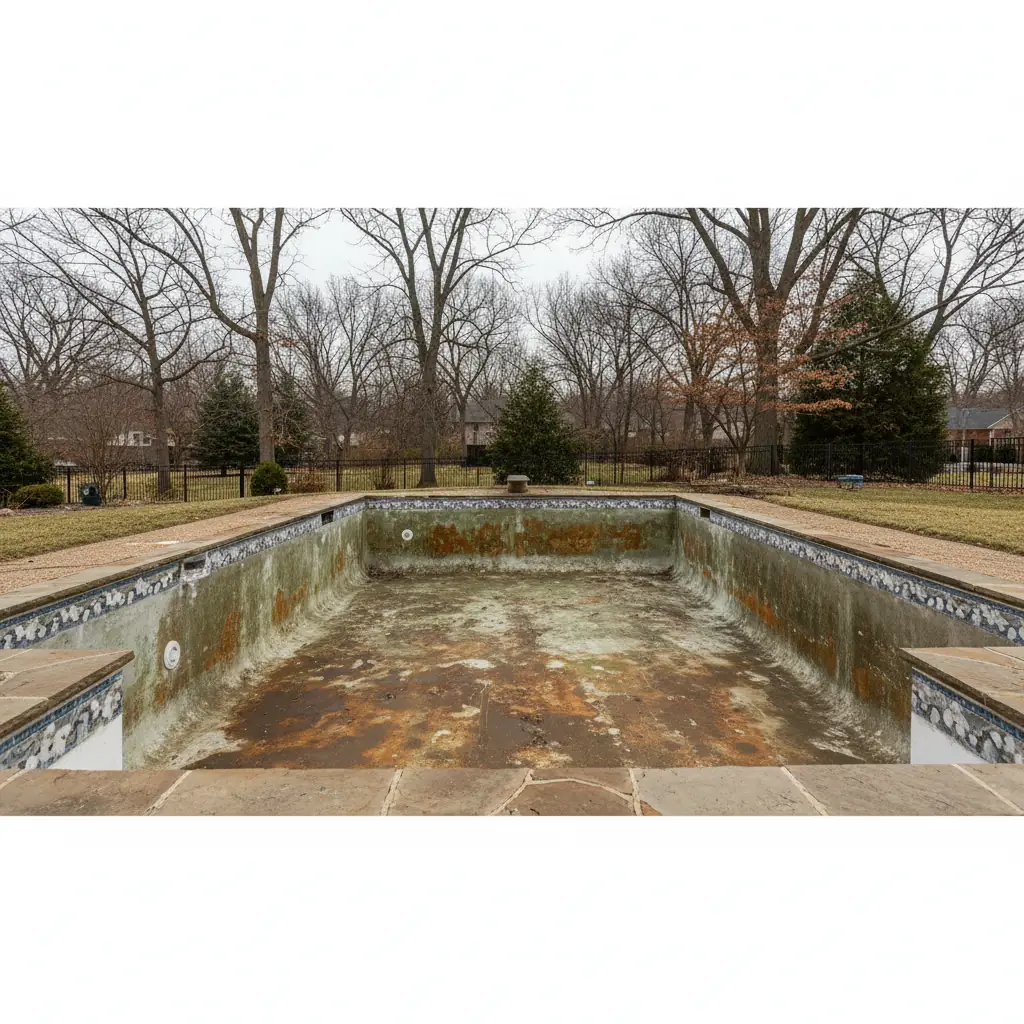 Aging pool surface showing rough chalky plaster texture, mineral staining, and surface deterioration indicating it is time for resurfacing