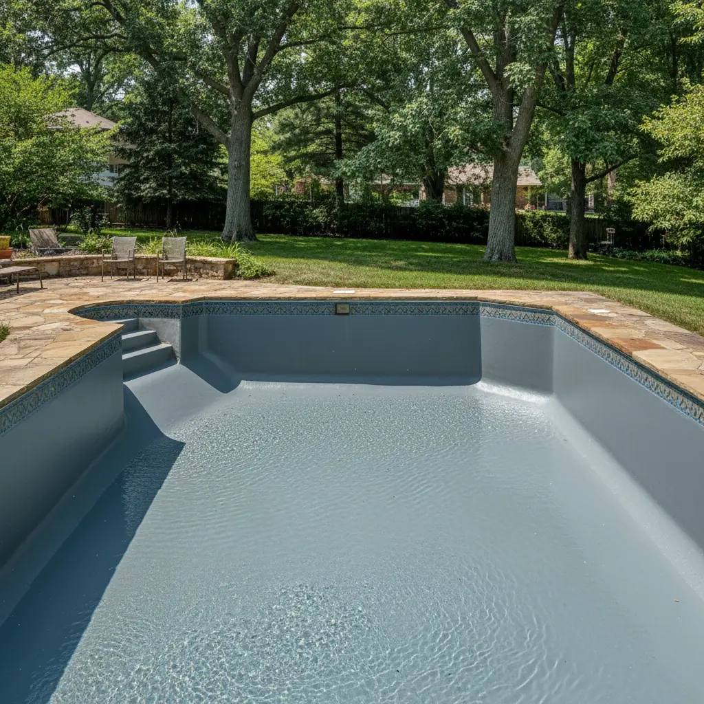 A renovated pool with a smooth new surface and clear water after professional resurfacing.