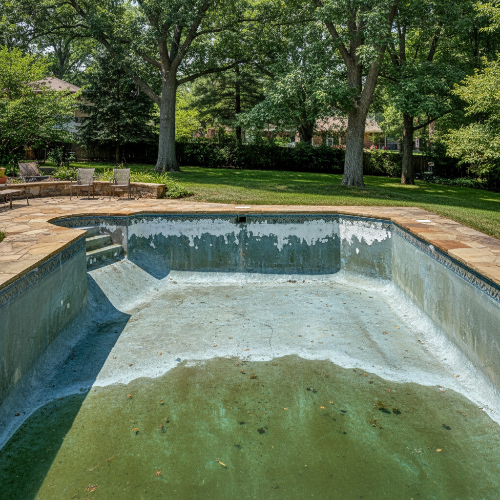 An aging pool surface showing rough, stained plaster before resurfacing, a representative example of typical renovation needs.