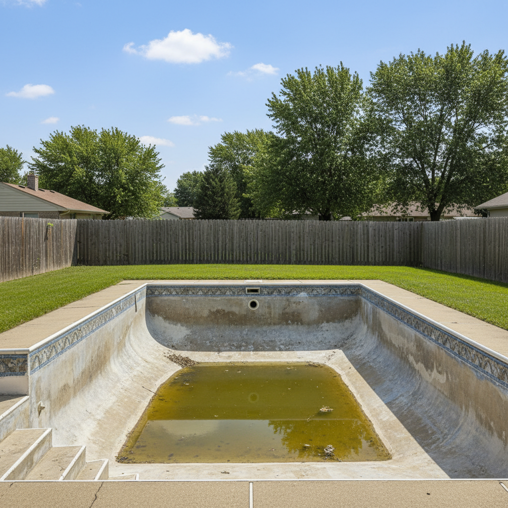 An aging gunite pool surface showing rough plaster, chalky patches, and staining before renovation.