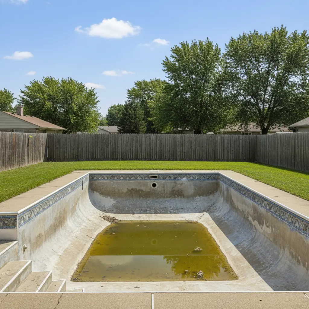 Aging gunite pool surface showing rough plaster and staining before resurfacing, a representative example