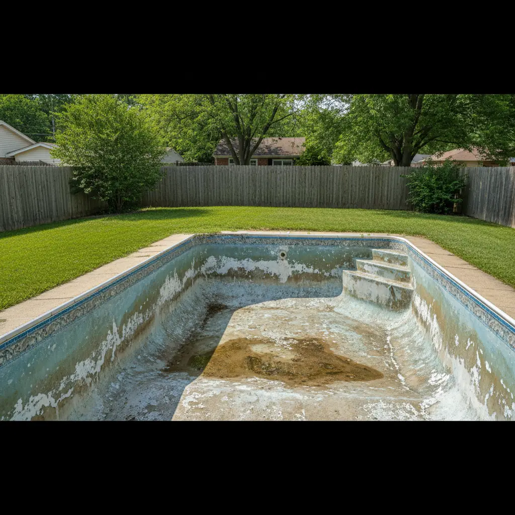 Aging gunite pool surface with rough plaster, staining, and chalky patches before resurfacing, representative example of worn suburban pool