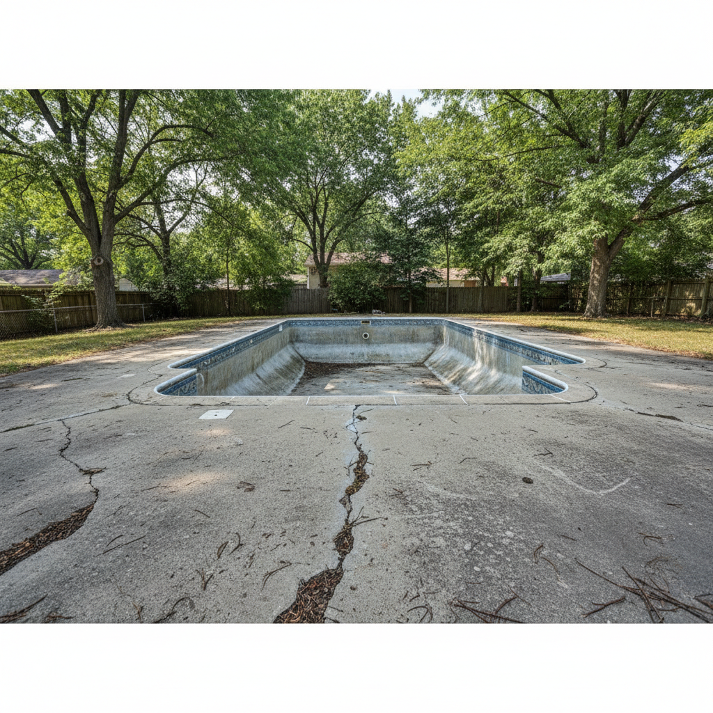 Aging pool surface showing rough plaster, surface staining, and chalky patches before renovation, a representative example