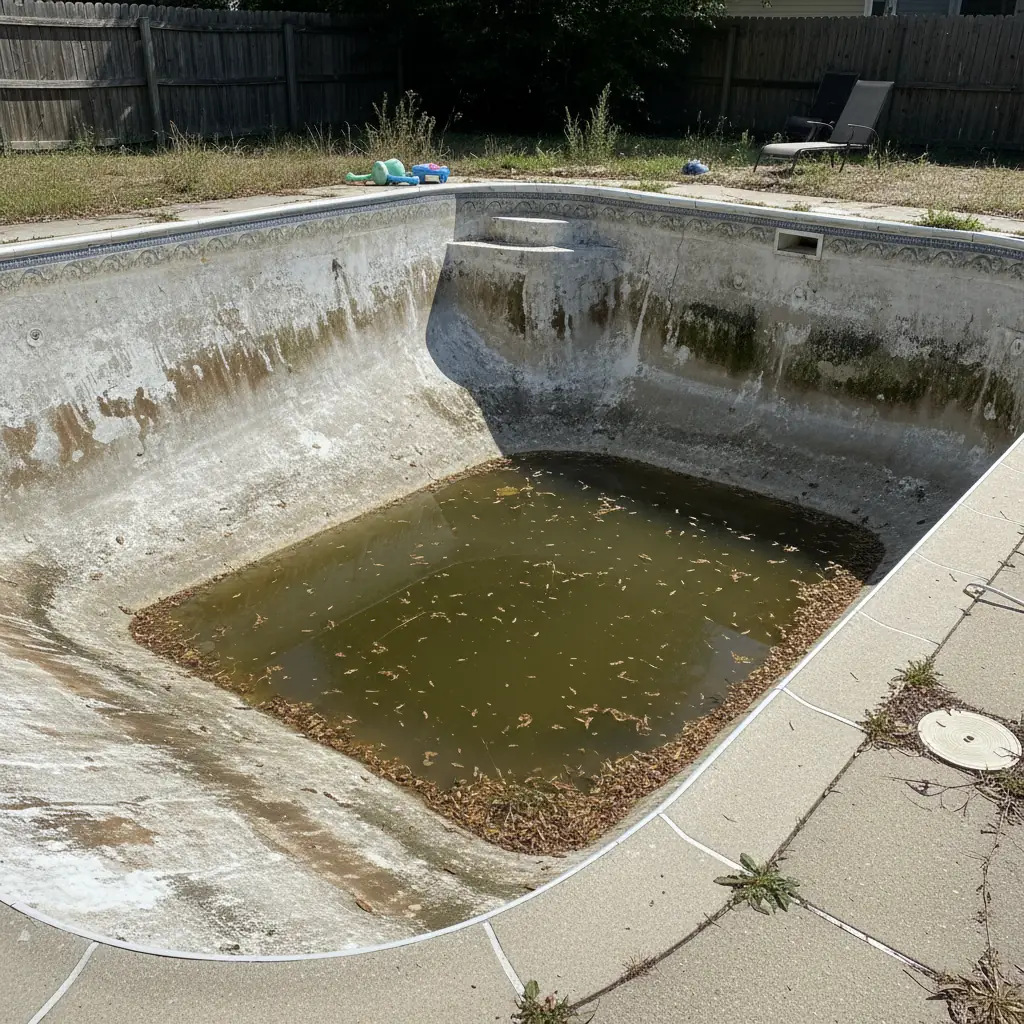 Neglected residential pool with heavily stained plaster, murky water, and surface deterioration before renovation