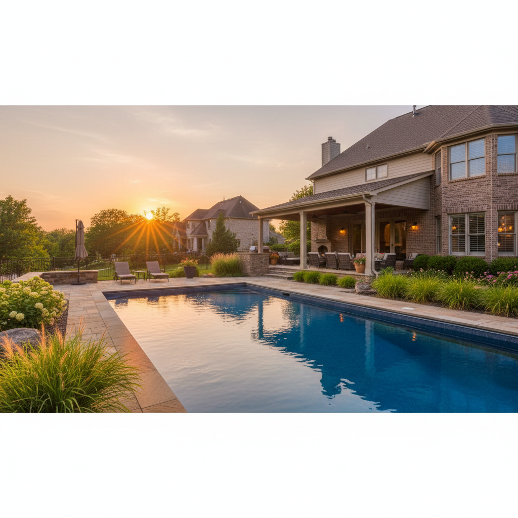 Warm golden hour sunset over a beautifully renovated residential pool with covered patio and brick home in a Kansas City neighborhood
