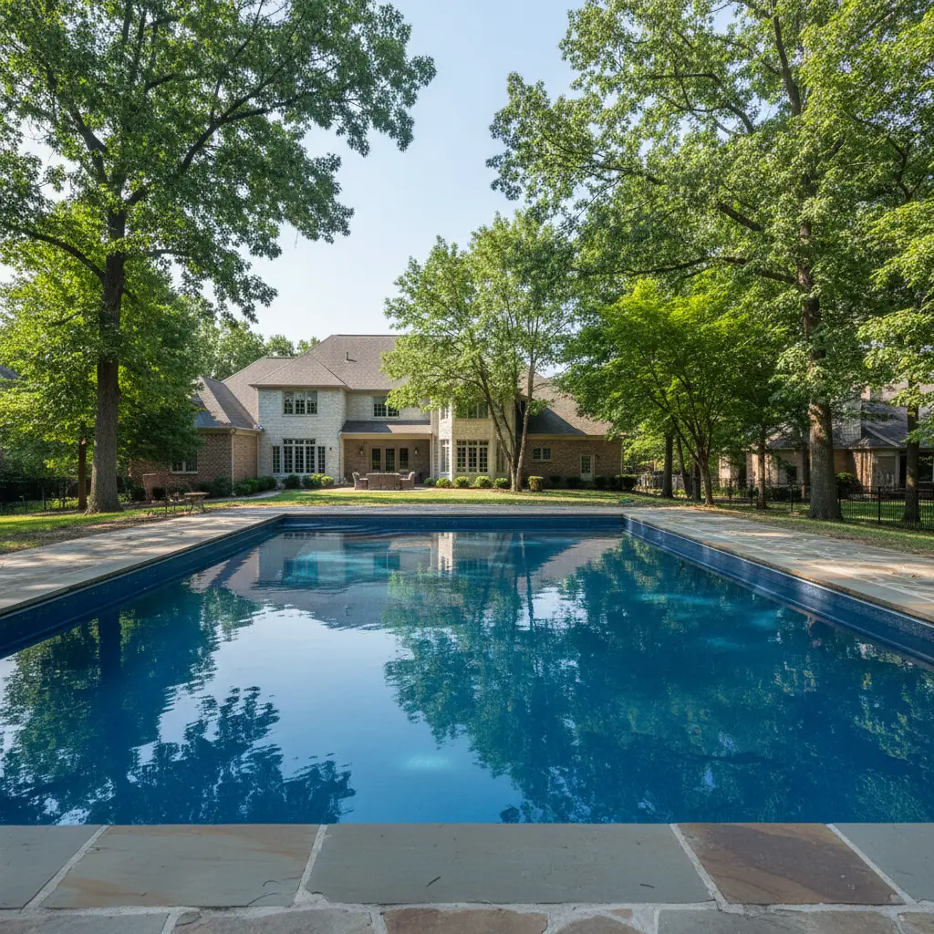 Freshly finished ecoFINISH inground pool in an upscale Kansas City backyard with mature trees and natural stone patio