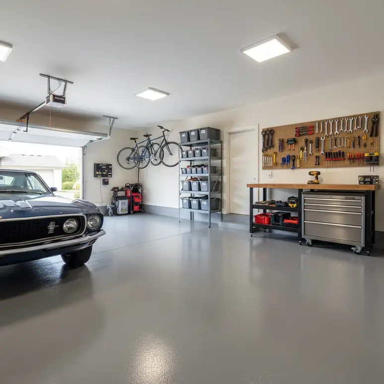 Residential garage with a freshly applied smooth grey epoxy-style protective floor coating