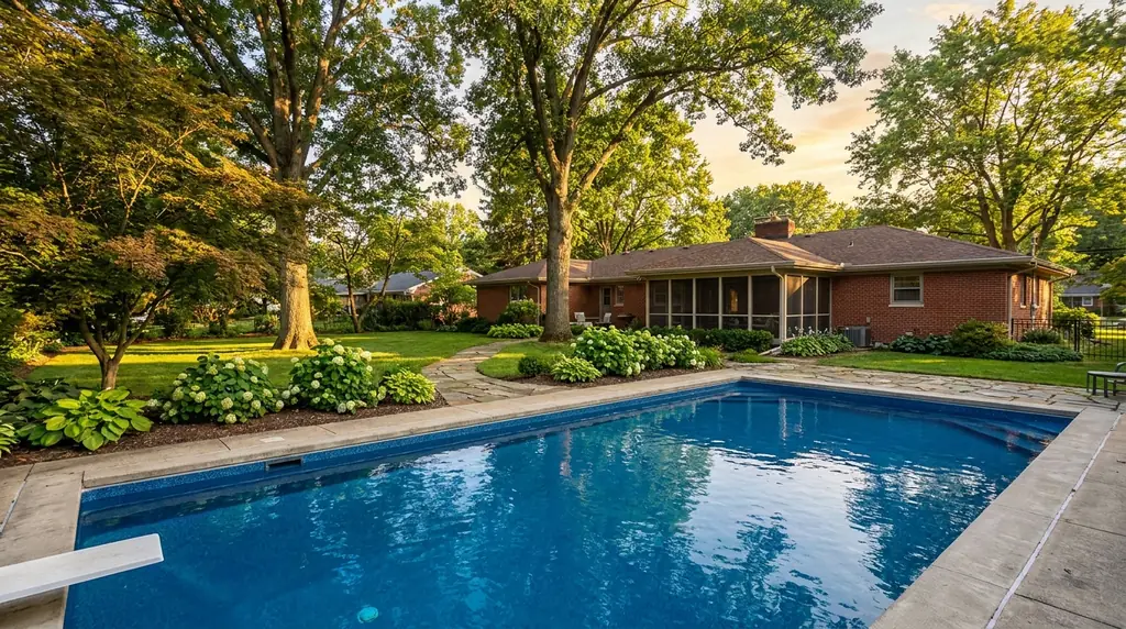 Freshly resurfaced inground pool in an upscale Kansas City, MO backyard, clean blue water and premium finish in warm daylight