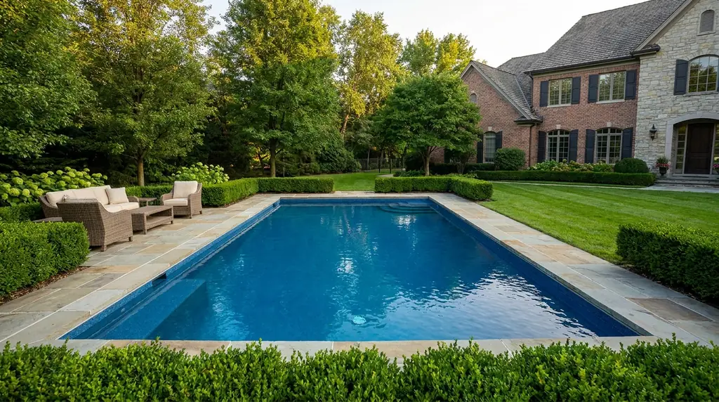 A freshly resurfaced inground pool in the backyard of an established luxury home, with clear brand-azure water and refined stone surrounds.
