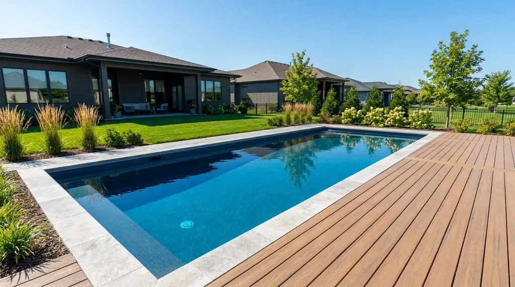 Freshly resurfaced inground gunite pool in an upscale suburban Lenexa-area backyard, clear blue water reflecting warm daylight