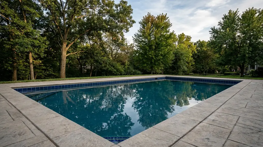 An inground pool in a Kansas City backyard with the water line clearly visible against the tile, calm natural daylight